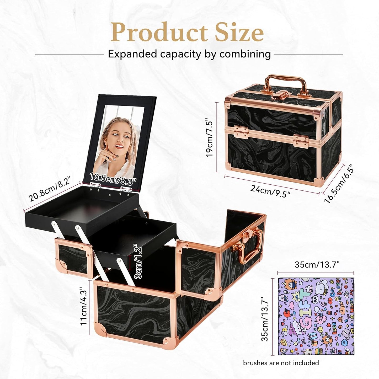 Portable Makeup Train Case - 2-Tray Cosmetic Organizer with Mirror | Travel Makeup Box in Rose Gold & Black