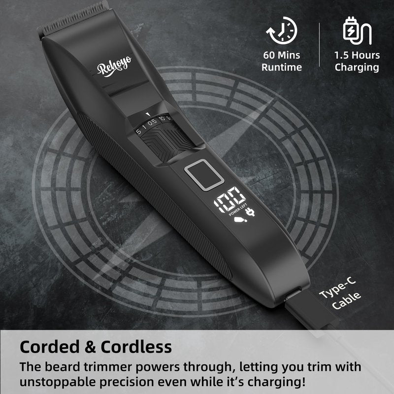 REHOYO Beard Trimmer for Men Adjustable: Professional Cordless Trimmer with 20-Length Dial – Waterproof Hair Clippers w/Stainless Steel Blades for Beard, Mustache & Face Grooming, Black