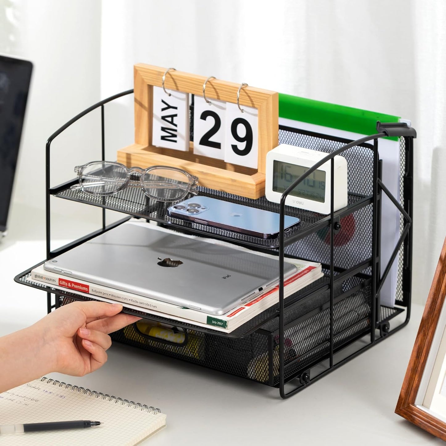 Sturdy Rectangular Desktop Organizer - 3 Trays, Sliding Drawer & File Holder | Black Office Supply Storage