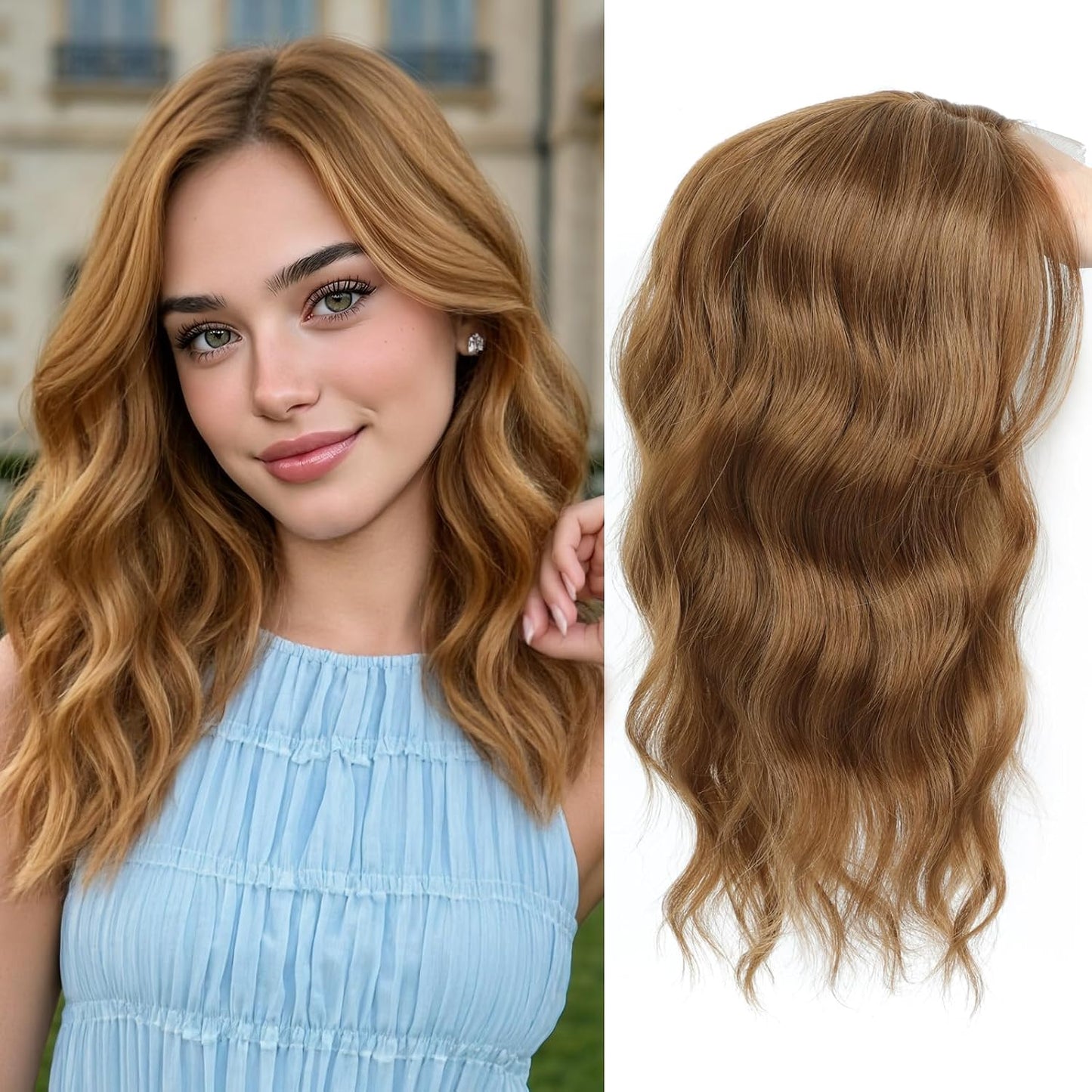 Hair Topper for Women - 16 Inch Synthetic Curly Wavy Clip-In with Curtain Bangs | Natural Looking Dark Brown Volume Piece