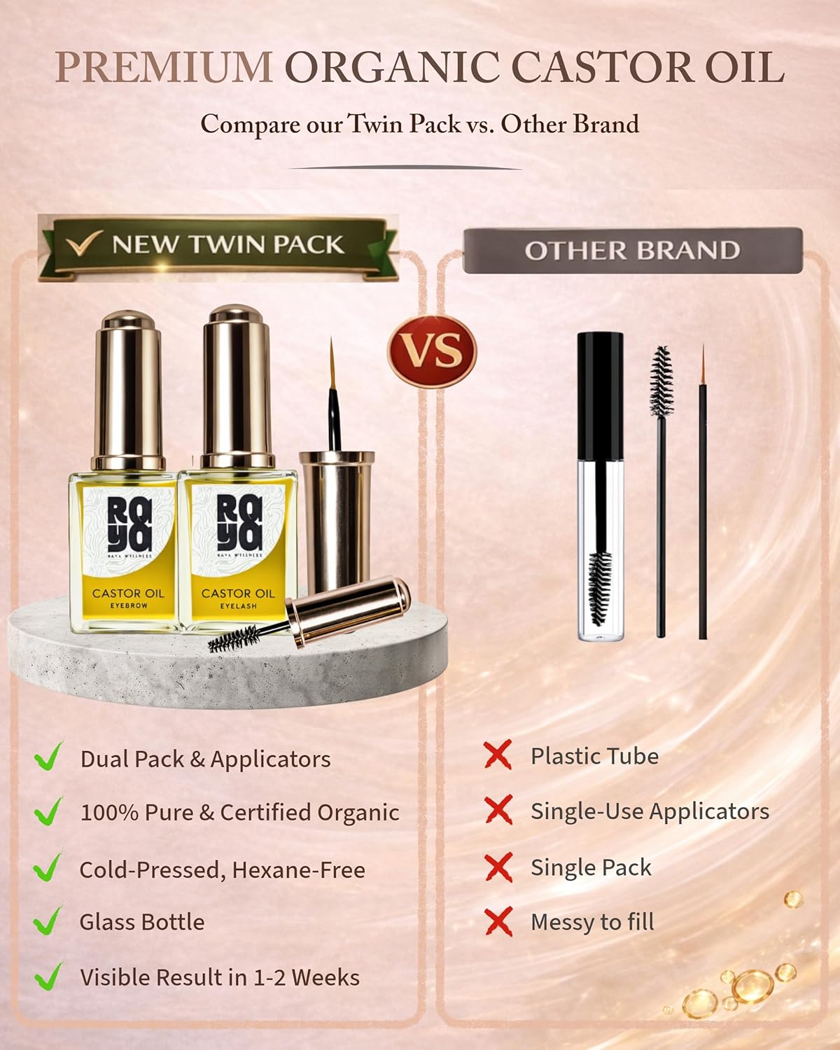 Organic Castor Oil for Eyelash & Brow Growth - 10ml Twin Pack | Cold Pressed, Hexane Free, Glass Bottles with Applicators