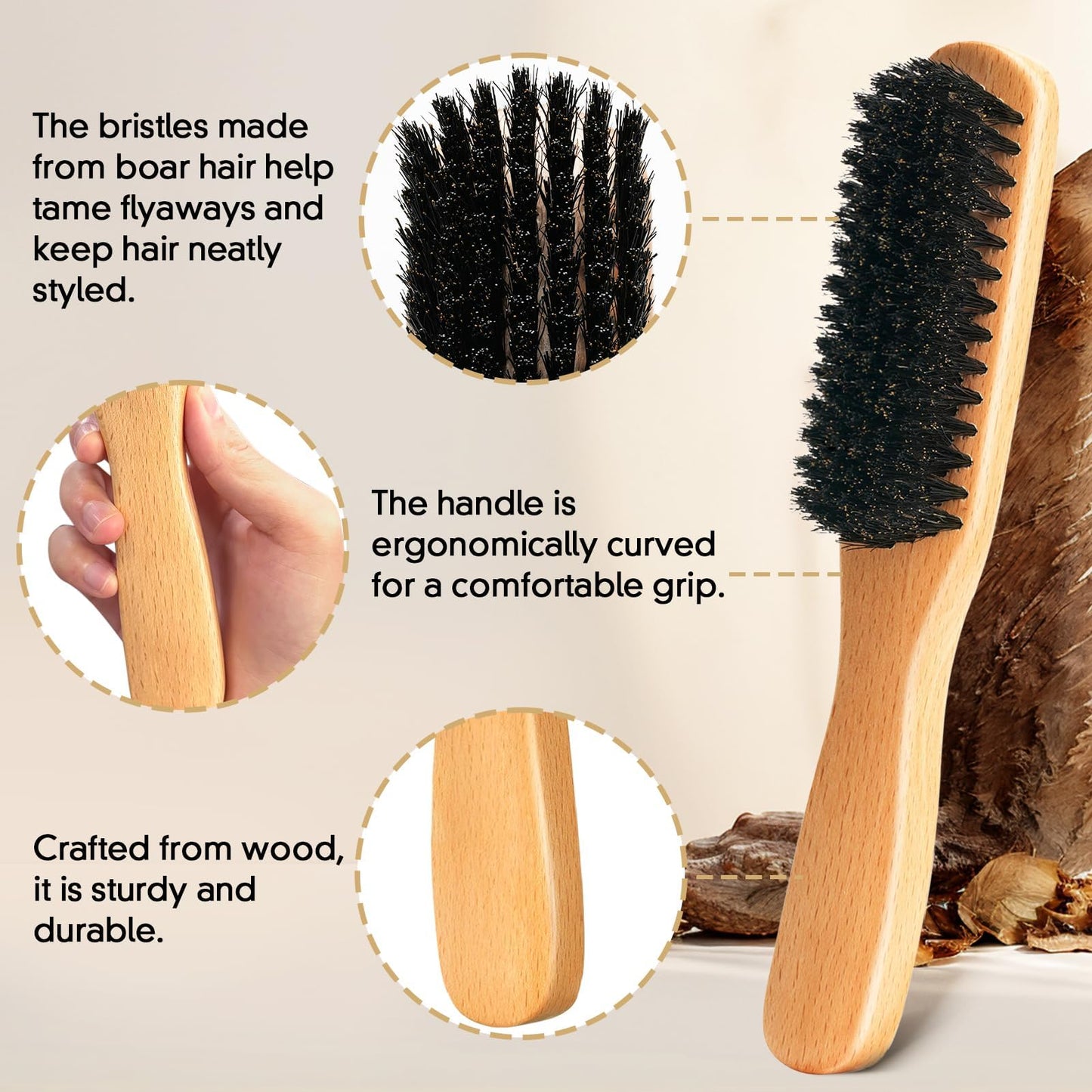 Boar Bristle Slick Back Hair Brush for Smooth Flyaways, Frizz, Sleek Ponytail, Buns and Edge Baby Hair, Teasing | Hair Comb, Edge Brush, Teasing Brush Styling Accessories for Girls, Kids, Women & Men