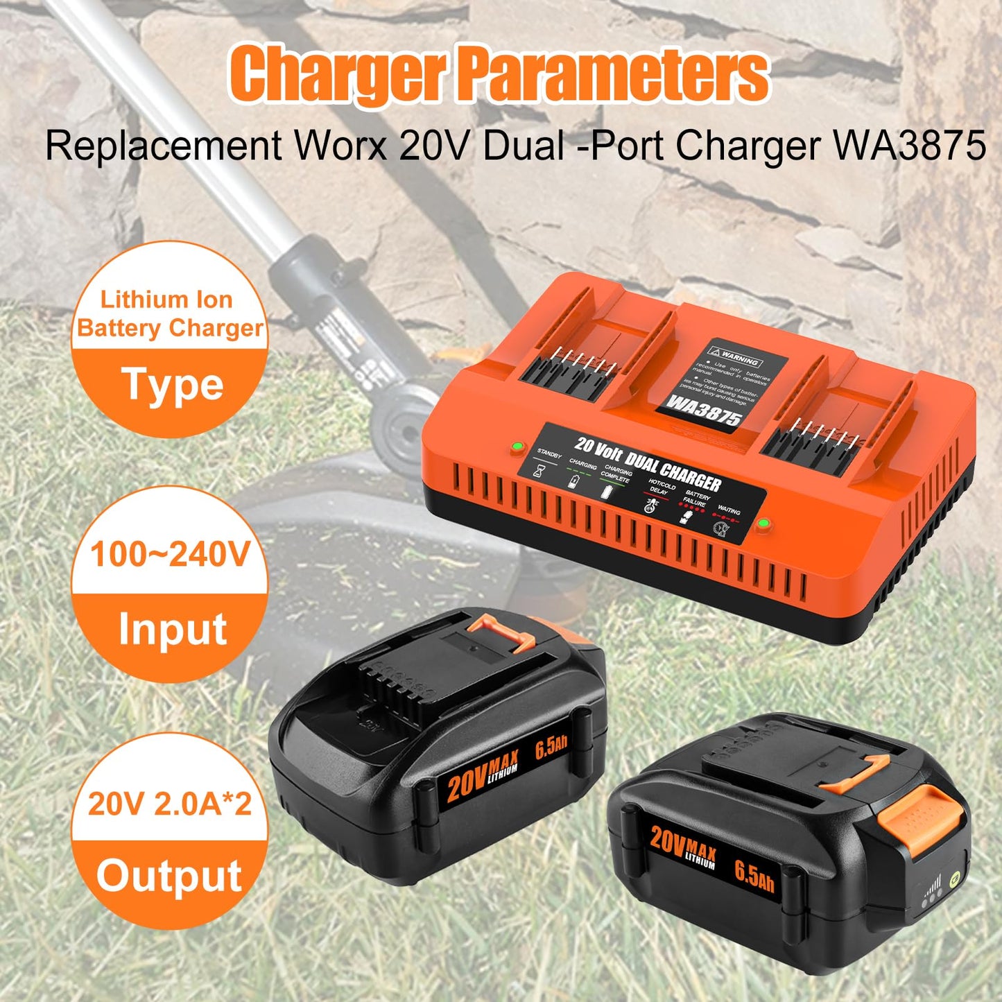 Powilling 2 Pack 6.5Ah Replacement for Worx 20V Battery and Dual Charger Compatible with Worx Battery 20V WA3674 WA3575 WA3525 WA3520 WG151s WG155s WG545s