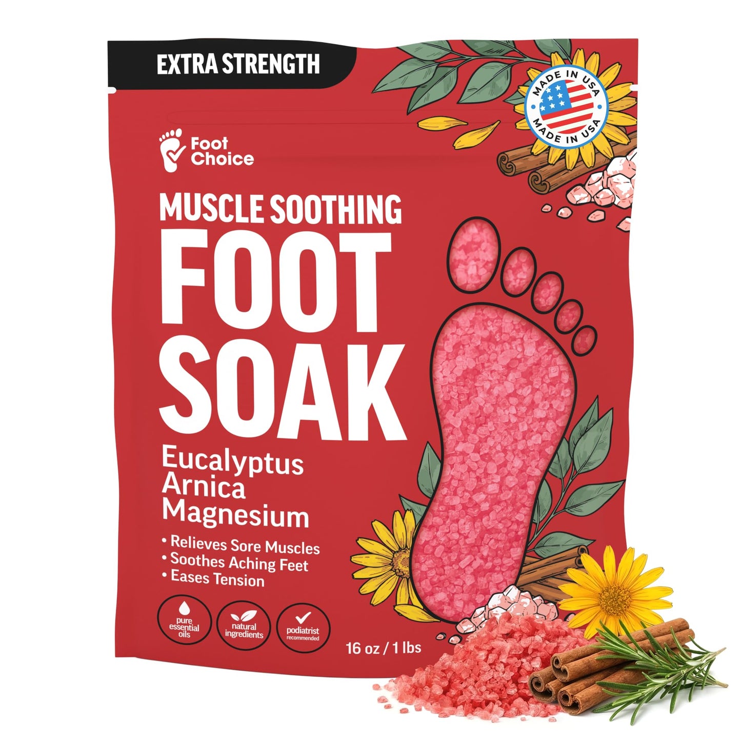 Foot Choice Muscle Soothing Foot Soak with Epsom Salt & Arnica - Relieves Soreness, Eases Tension & Recovery for Athletes - Eucalyptus & Peppermint - 1lb