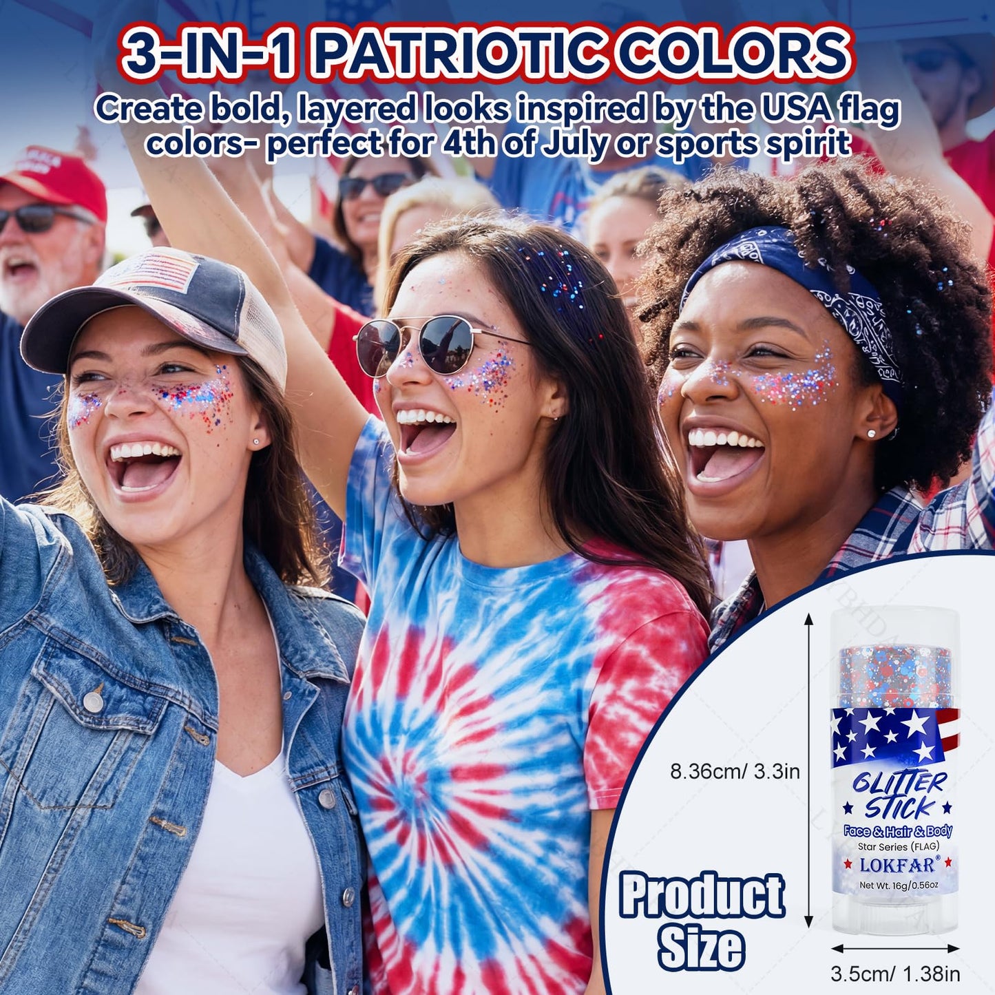 4th of July Glitter Stick | Patriotic Red White and Blue Glitter Stick for Face Body Hair, Fourth of July Accessories & Outfits for Women, USA Flag Makeup for American 250 Anniversary & Memorial Day