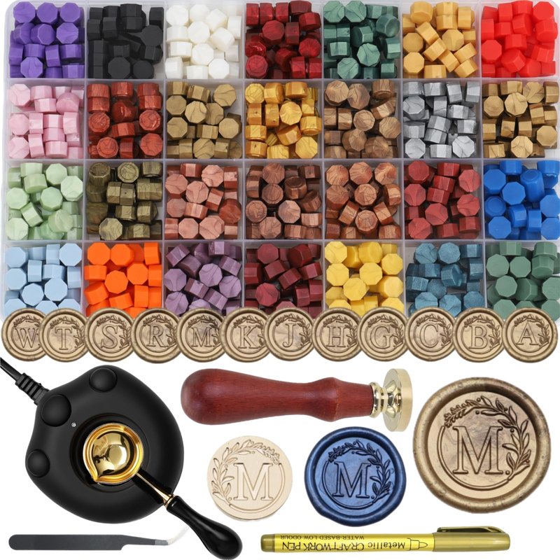 732 Pcs Sealing Wax Stamp Kit with Electric Wax Seal Warmer, Initial Alphabet M Seal Stamp, Assorted Colors Waxseal Beads, Spoon, Pen, Letter Sealingwax Kit (M)