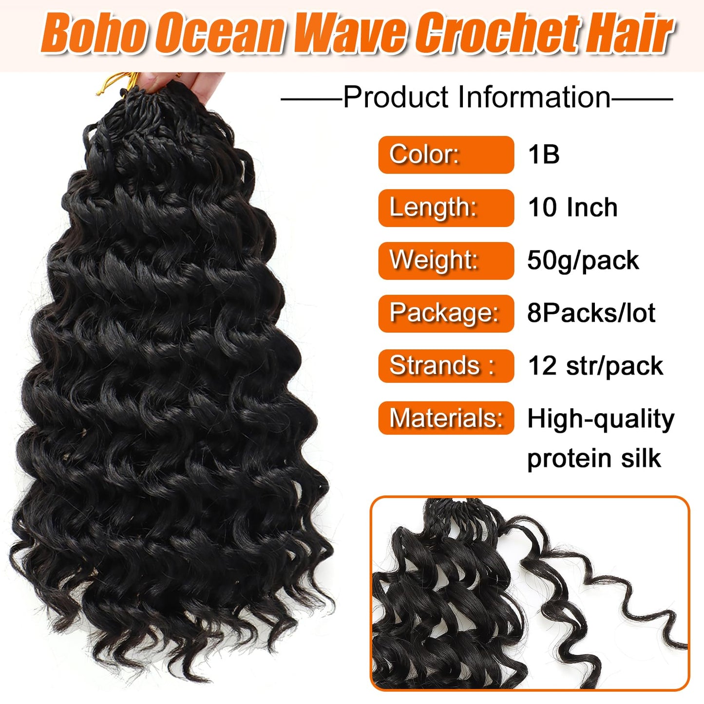 Black Curly Crochet Hair 8 Packs Boho Ocean Wave Crochet Hair 10Inch Synthetic Pre Looped Deep Water Wave Beach Curl Braiding Hair for Black Women (10 Inch,1B#)