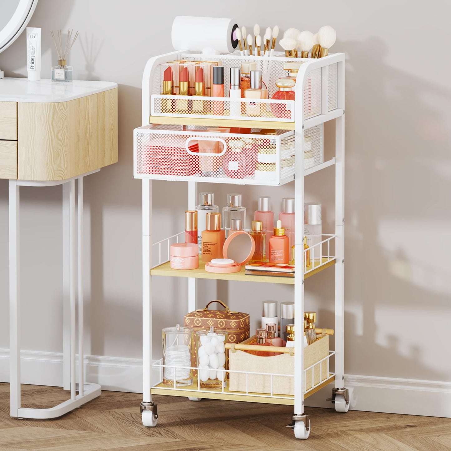HapiRm Makeup Organizer Storage Cart - 4 Tier Skincare Make Up Storage with Drawer, Rolling Makeup Cart Vanity Organizer Cosmetics Display Cases Holder for Skin Care Perfume Nail Polish Brush