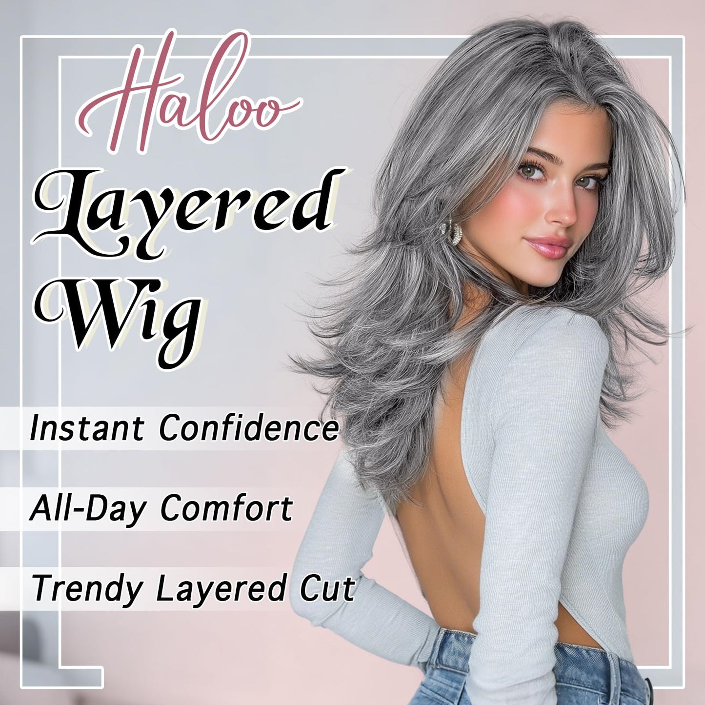 Haloo Grey Layered Wigs with Curtain Bangs Lace Front Hairline Long Wavy Natural Looking Middle Part Synthetic Hair Wig for Women Daily Party Costume, 20 Inch
