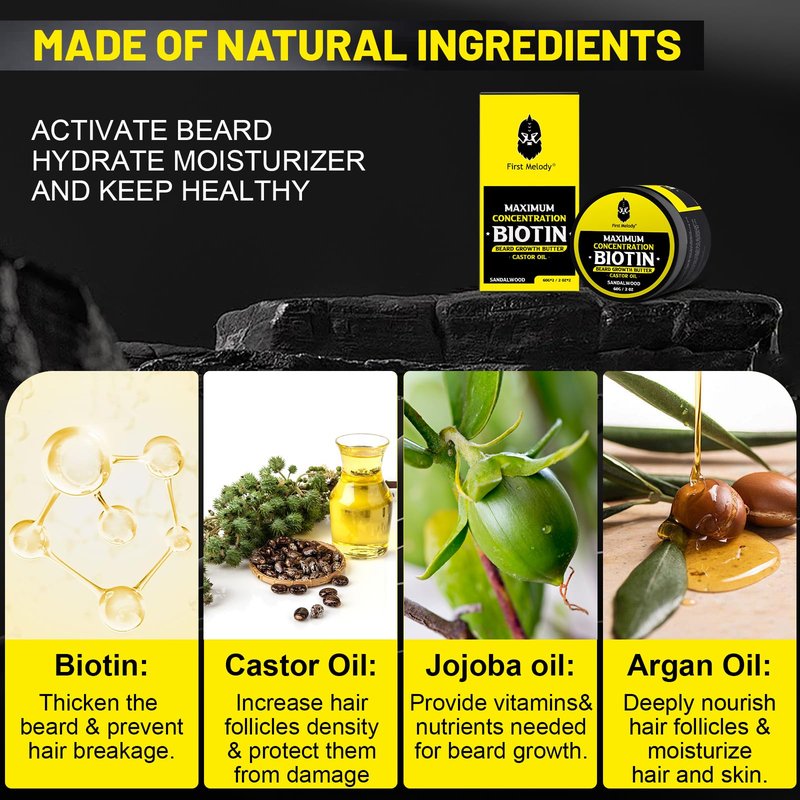 Beard Butter,Maximum Concentration Biotin,with Castor Oil and Argan & Jojoba Oils, Promotes Beard Growth, Styles, Strengthens & Softens Beards ,Unruly Beards While Relieving Itch,2 Ounce*2 (2 Pack)