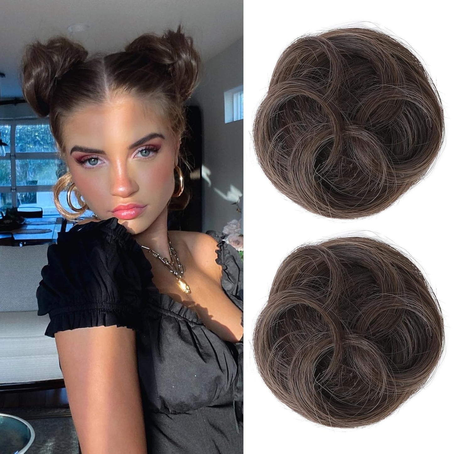 REECHO Mini Claw Clips - Messy & Cat Ears Hair Bun Extensions | 2-Pack, 3.5" Wavy, Natural Black