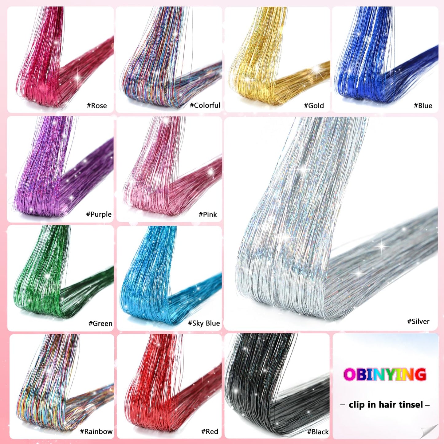Obinying Hair Tinsel Pack of 18 Pcs Hair Tinsel Clip in 20.5 Inch Glitter Tinsel Hair Extensions Clip in Hair Tinsel Kit Party Festival Fairy Hair Accessories for Girls Women Kids (Green)