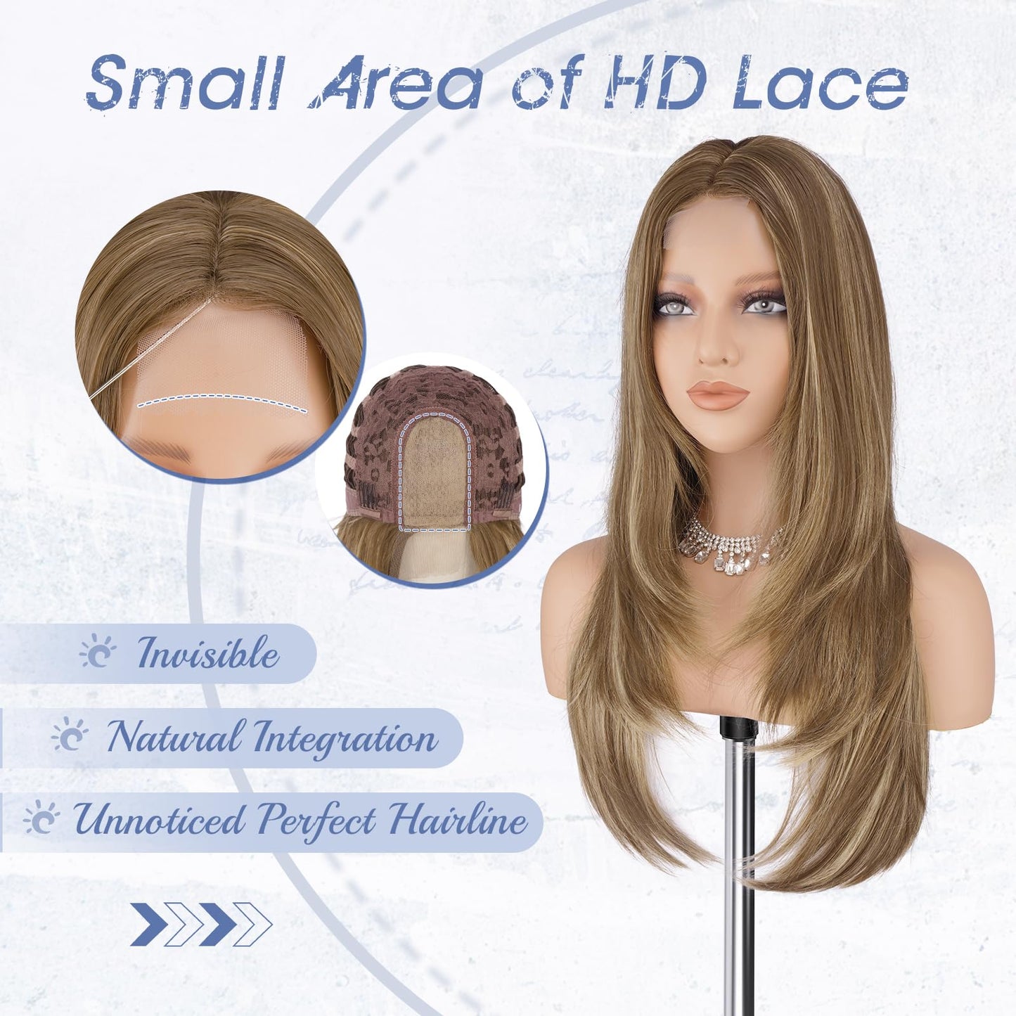 Haloo Brown Blonde Wig with Curtain Bangs - Lace Front Hairline Middle Part Long Layered Natural Looking Straight Synthetic Hair Wigs for Women Daily Party, 24 Inch Brown Mixed Blonde