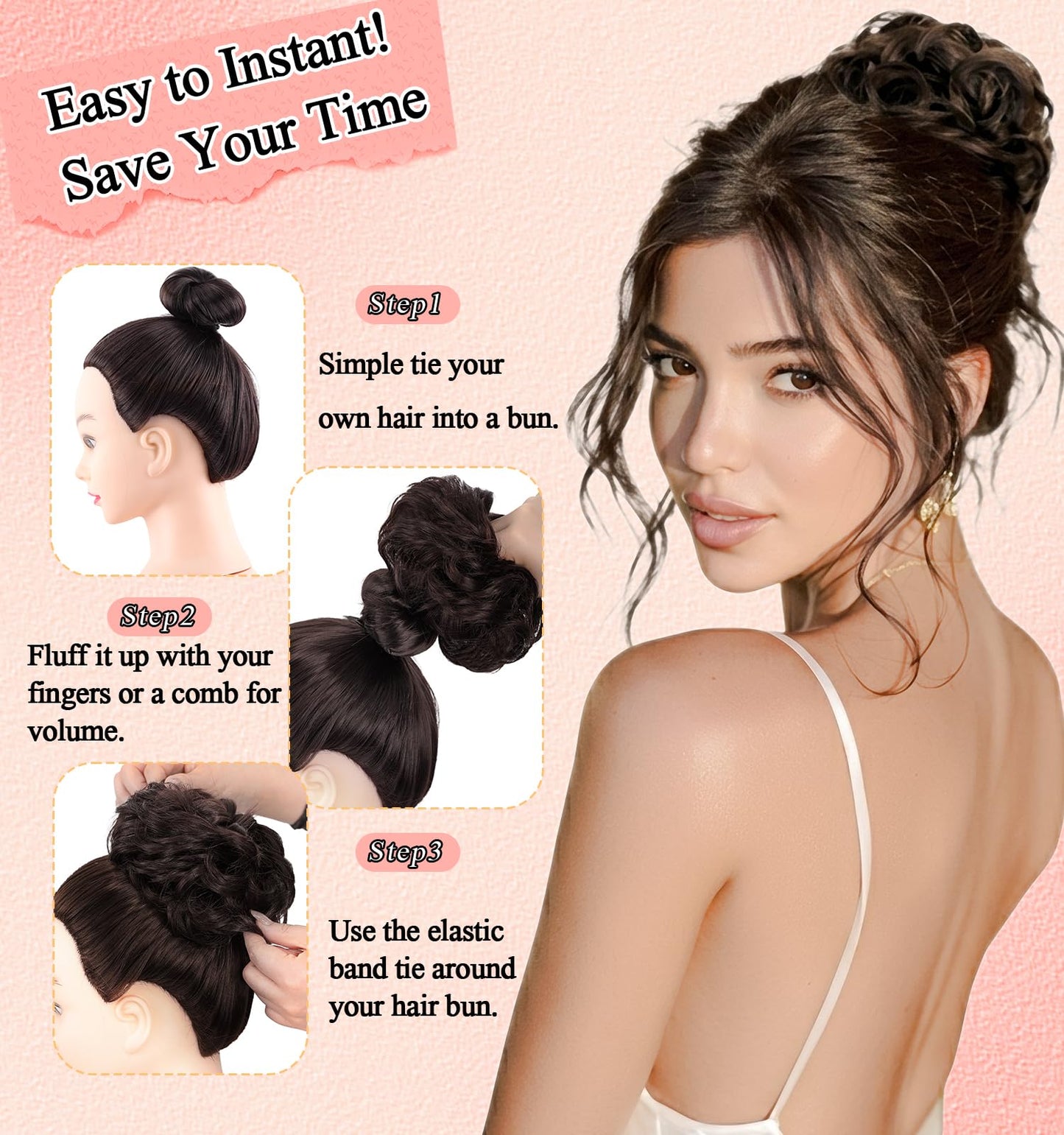RONTAYA Messy Bun Hair Piece Real Human Hair Buns Elastic Thick Soft Fluffy Donut Updo Ponytail Extensions Chignons Hairpieces for Women Natural Black