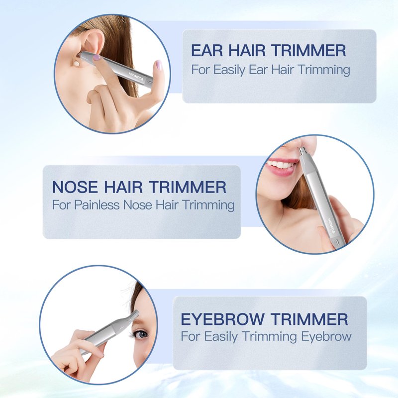 HEBECA Nose Hair Trimmer for Men Women 2in1 Facial Hair Removal Trimmer - Metal Body, Rechargeable, Waterproof, Portable - Nose, Ear, Eyebrow, Peach-Fuzz, Lips, Chin (Silver)