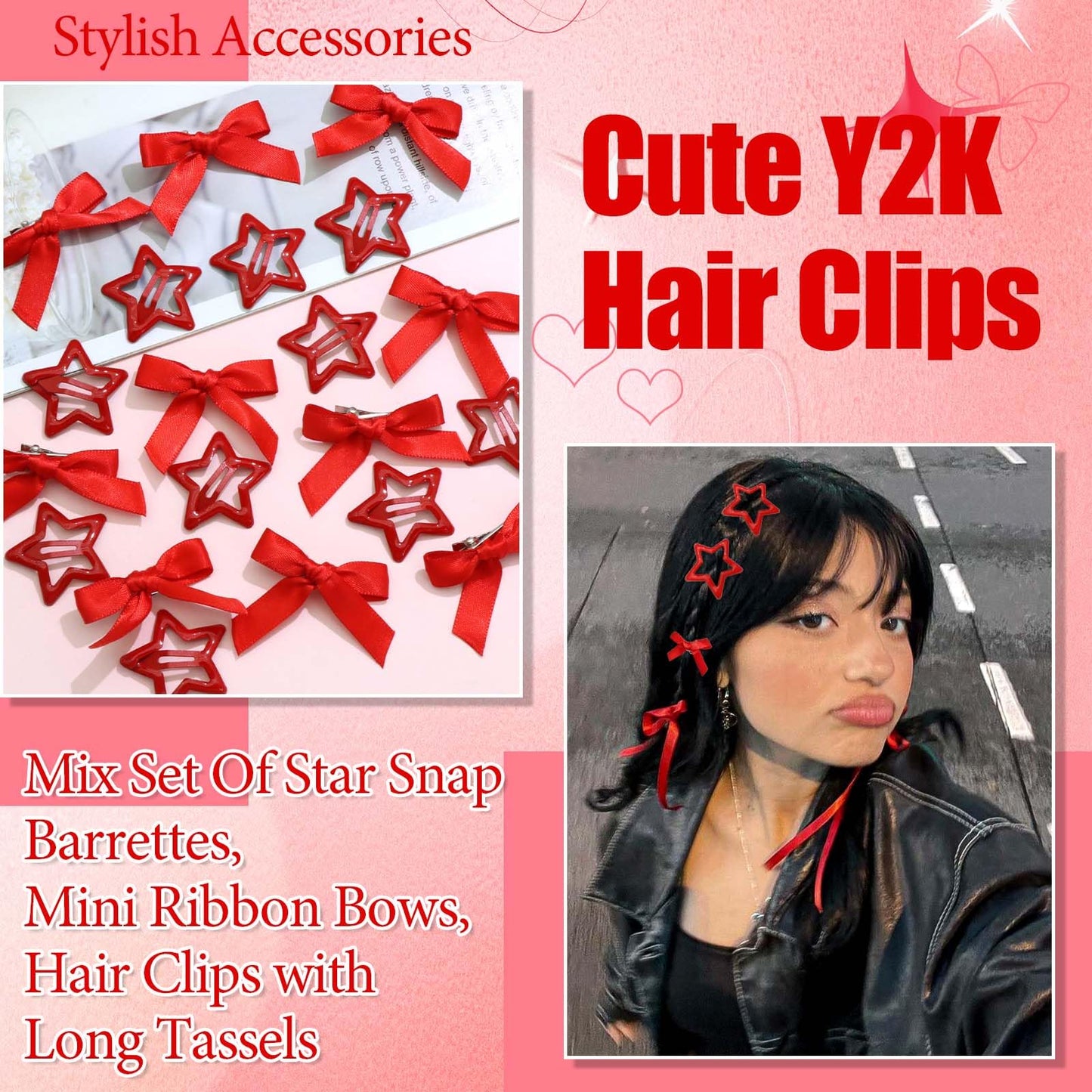 STGDAK Valentine's Day Red Hair Bows Cute Star Barrettes Small Bow Clips Satin Hair Ribbon Long Tail Stylish Star Clip Y2k Bowknot Barrette Kawaii Hairpins Coquette Accessoires For Girls Women