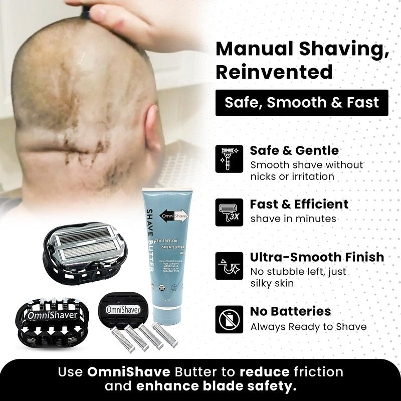 Premium Omnishaver Kit - The Fastest Way to Shave Head, Legs, Arms, Body | An Alternative to Disposable Shaving Razors Self Cleans & Strops During Use with Shave Butter & Replacement Cartridge - White