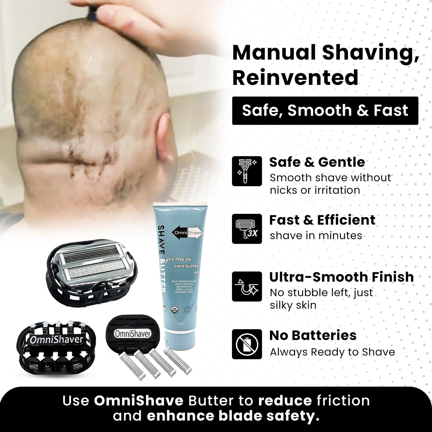 Deluxe Omnishaver Kit - The Fastest Way to Shave Head, Legs, Arms, Body | An Alternative to Disposable Shaving Razors Self Cleans & Strops During Use with Shave Butter & Replacement Cartridges - Black