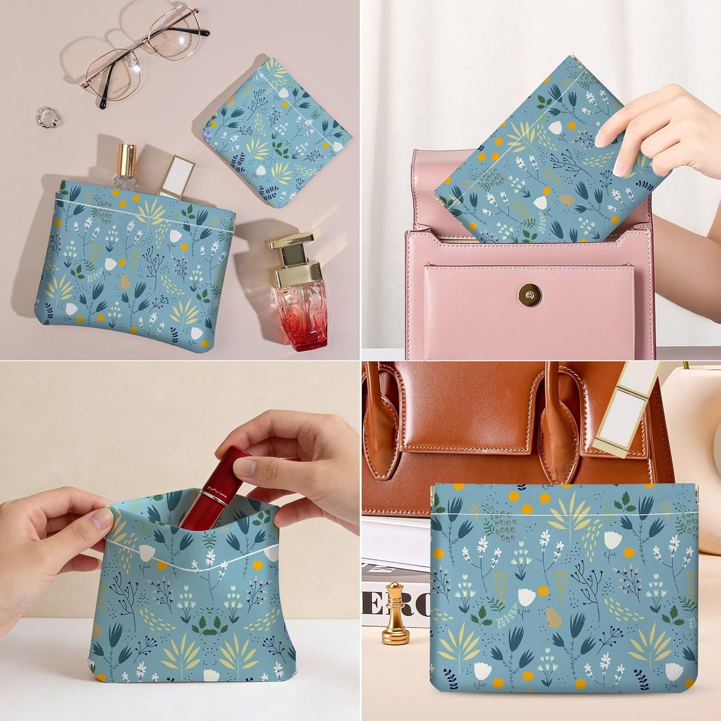 Makeup Bag Set - 2 PCS PU Leather Cosmetic Organizer | Portable Self-Closing Pouch for Women - Blue Flower Design