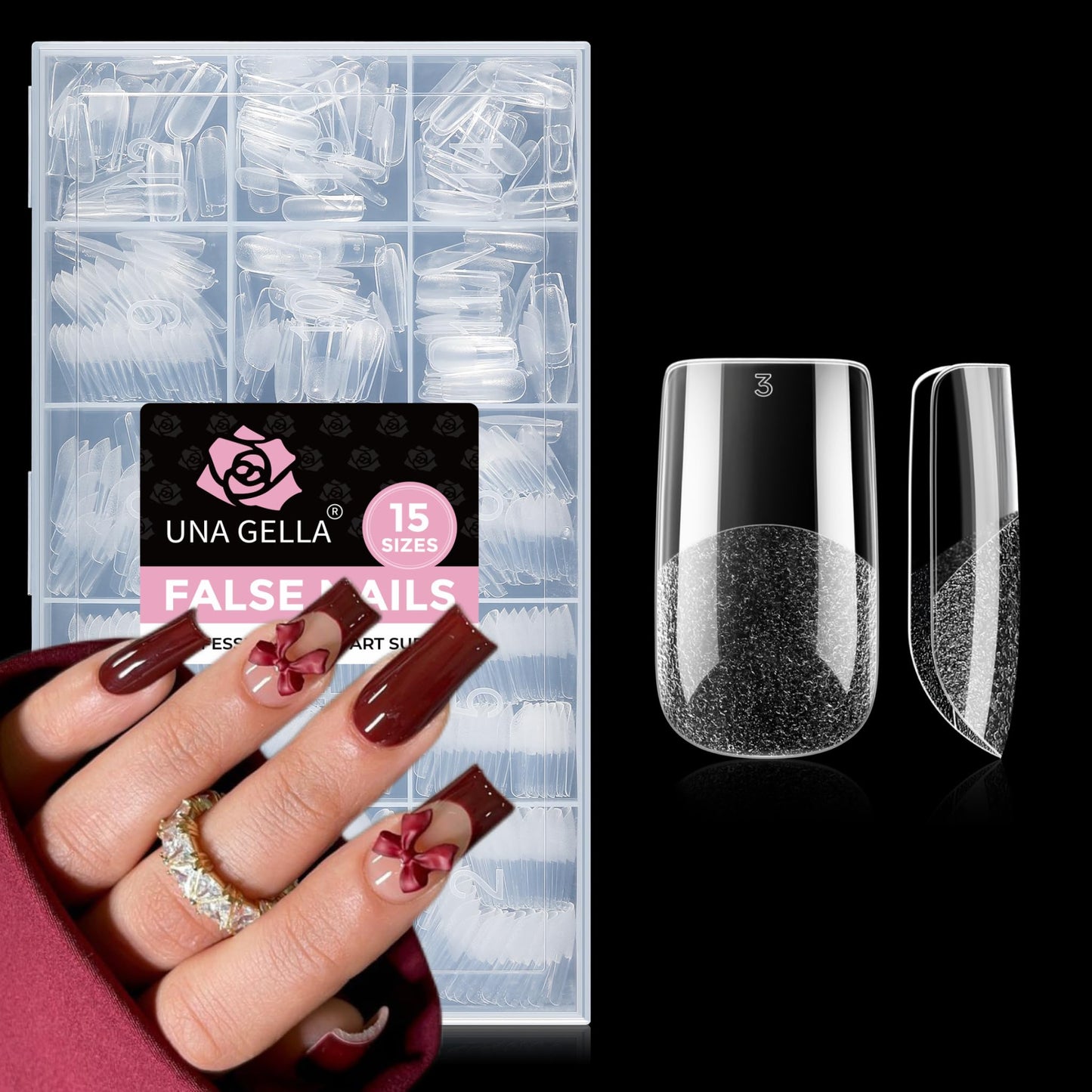 UNA GELLA Square Nail Tips 510Pcs 15 Sizes - No File Needed Pre-Buffed Medium Square Soft Gel Fake Nail Tips Clear Full Cover False Nails Soak Off Acrylic Nail Extensions for DIY Nail Art Salon