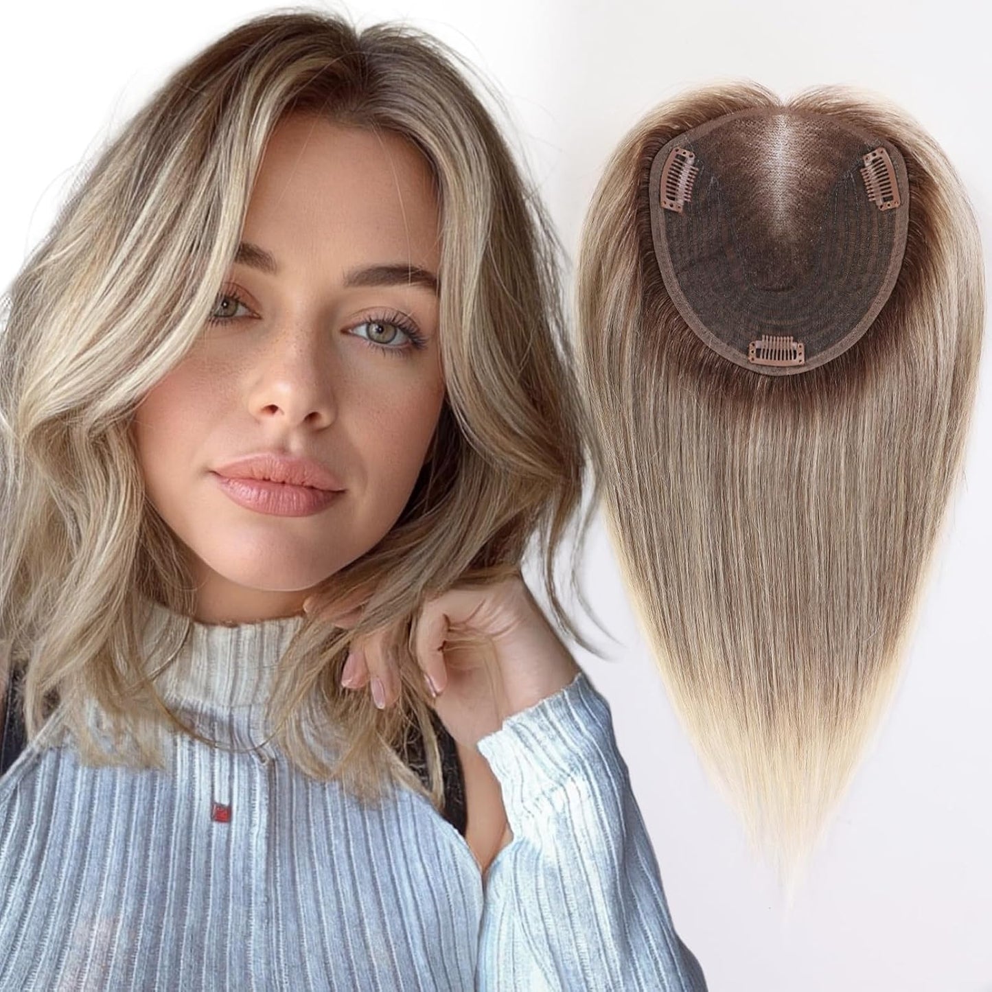 Real Human Hair Toppers for Women - 14 Inch Silk Base, Mixed Brown with Bangs | 60g