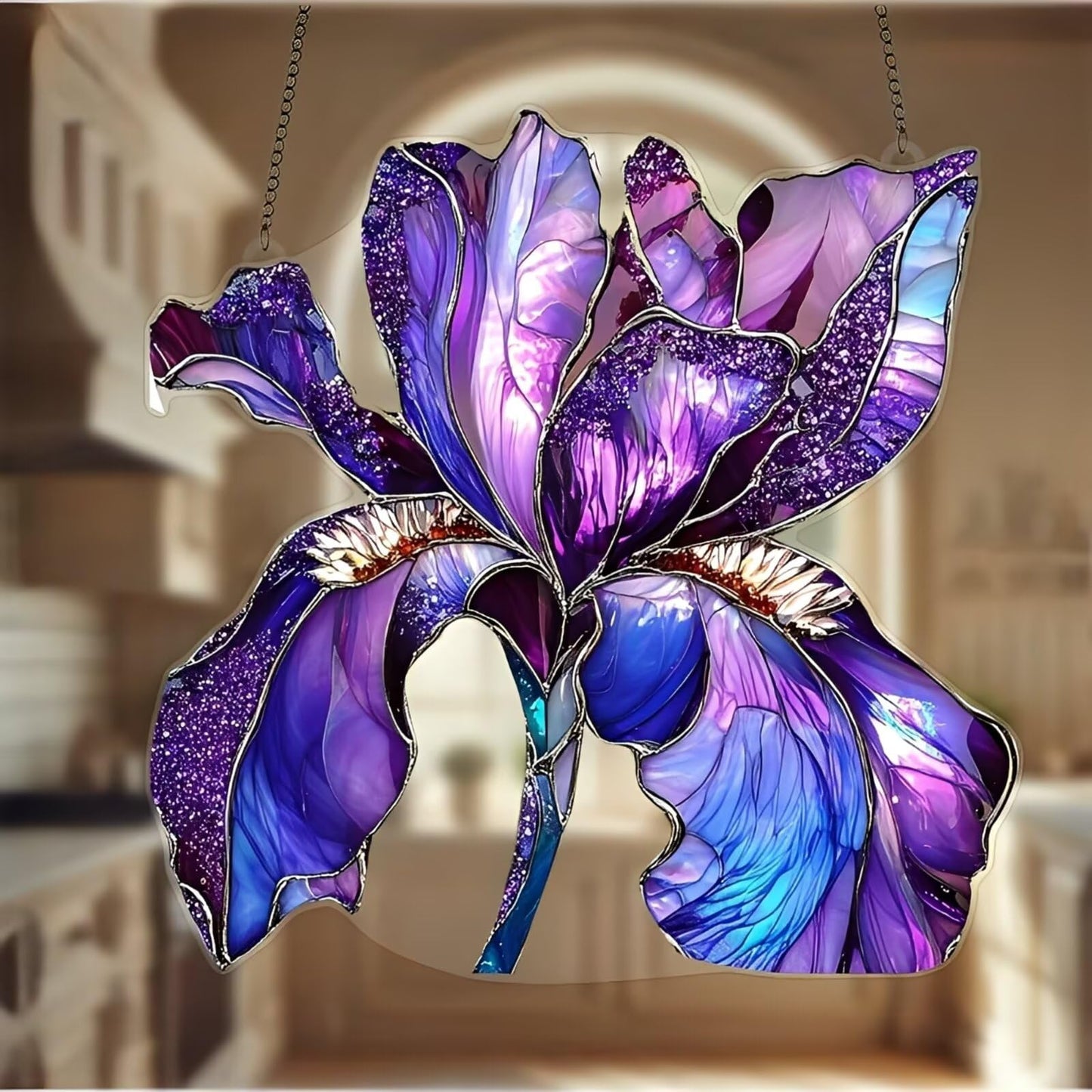 1PC Purple Iris Acrylic Suncatcher Hanging, 7.08 inch Window Decor with Printed Stained Glass Style Design, Rainbow Maker Wall Art, Gift Idea & Garden Ornament Indoor Outdoor Use/ZW-01