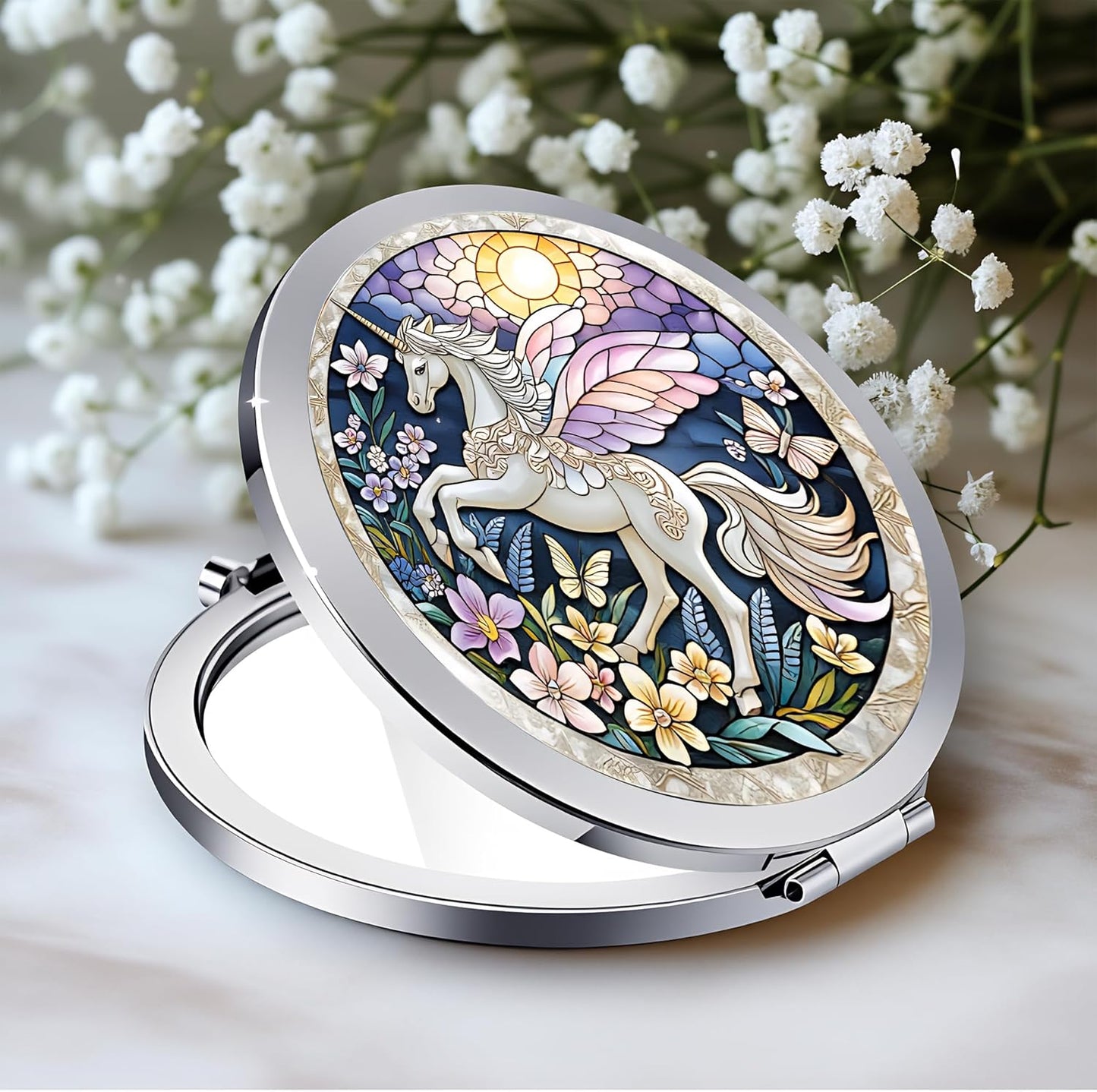Silver Compact Mirror - Double-Sided Folding Makeup Mirror with Red Rose Design | 2.8 x 2.8 Inches, Perfect Gift for Women