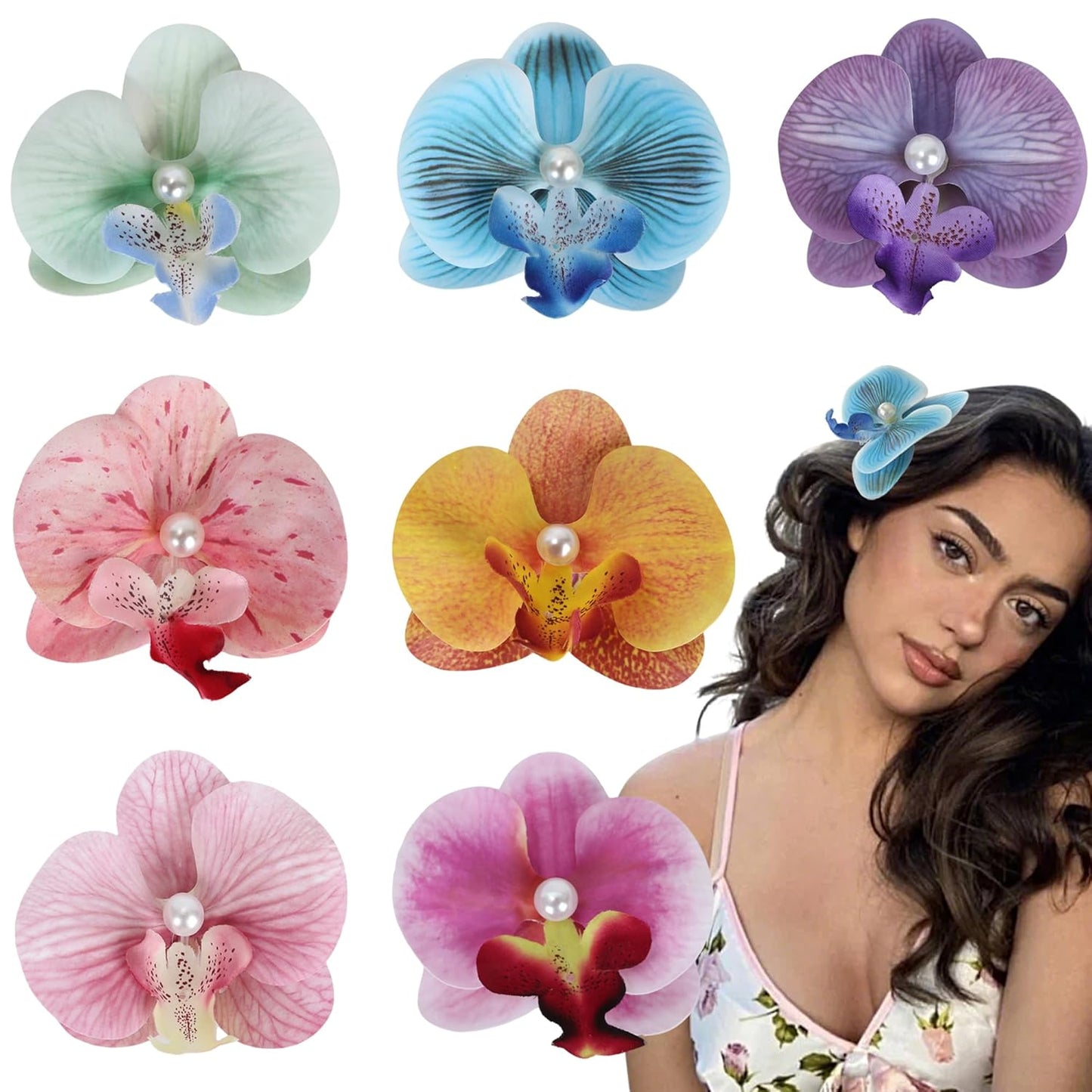 Hawaiian Flower Hair Clips - Bohemian Orchid Hairpins | 7pcs Tropical Bridal Accessories (4 Inches)