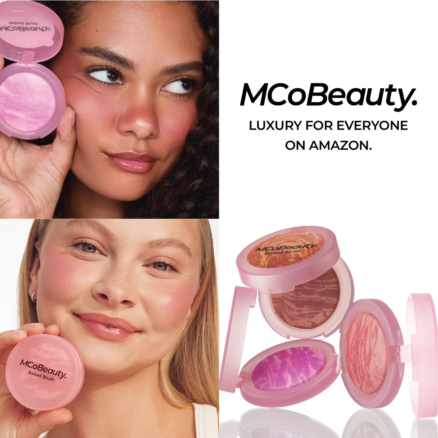 MCoBeauty Baked Blush - Rose Gold - 2-in-1 Luminous Cheek Color & Highlighting Powder - Marbled Buildable Pressed Blush with Jojoba Oil Squalane Hyaluronic Acid - Shimmer Makeup - Vegan & Cruelty Free