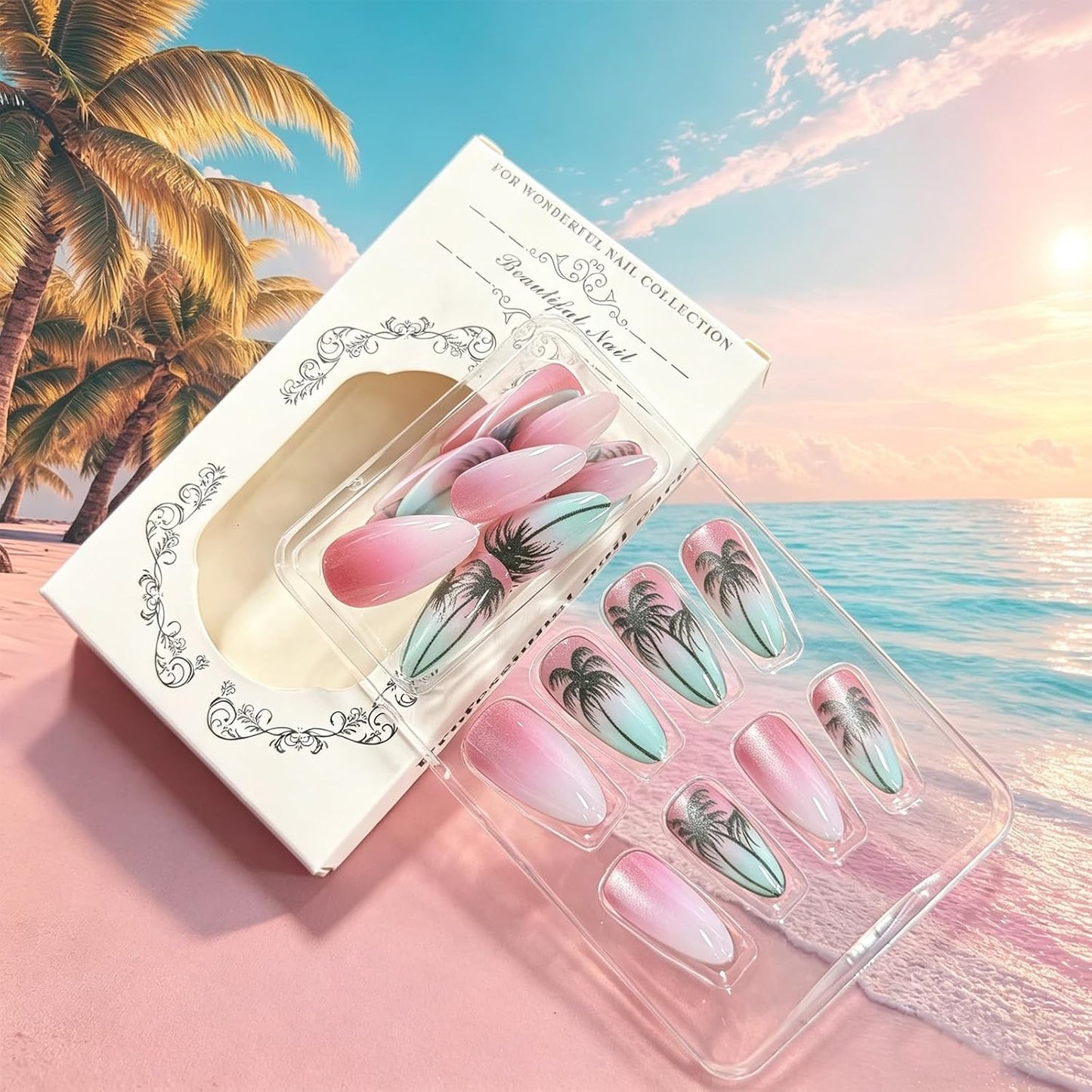 Almond Press-On Nails - Pink Coconut Tree Designs | Glossy Glitter Acrylic, 24 Pcs Reusable for Beach Vacation & Daily Wear