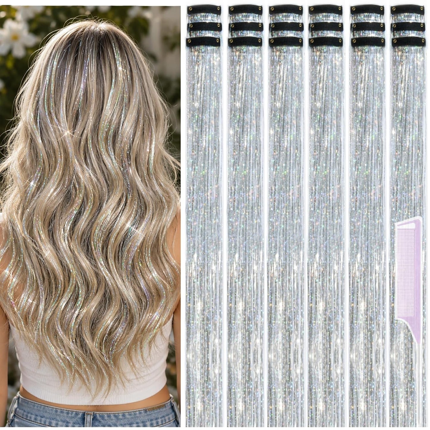 Hair Tinsel - 22 Inch Symphony White Clip-In Extensions | 18 Pcs Glitter Kit for Women & Girls