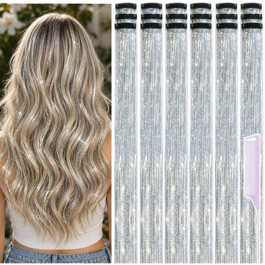Hair Tinsel Clip in Pack of 18 Pcs Silver Hair Accessories 22 Inch Glitter Fairy Hair Tinsel Kit for Women Girls Tinsel Hair Extensions for Party Gatherings Festival (Silver)