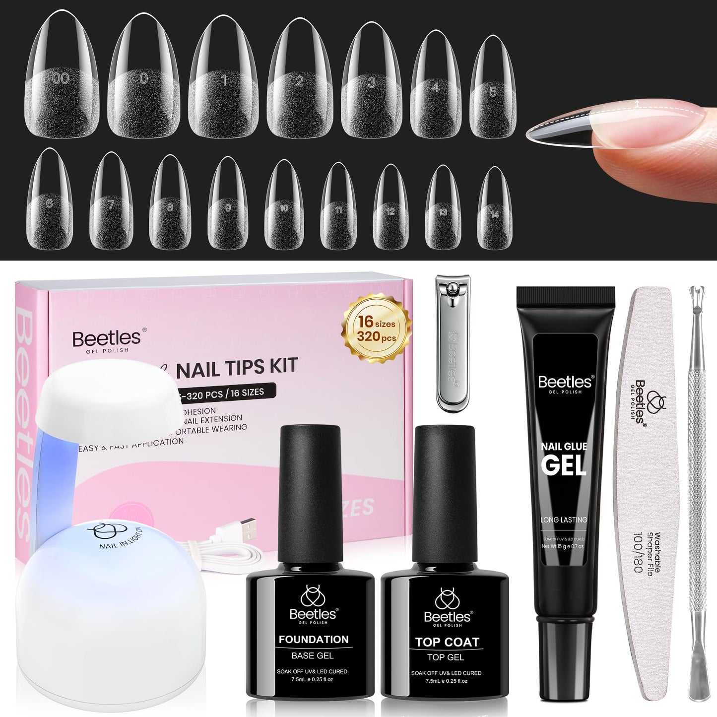Beetles Gel Nail Kit Curve-EX, Almond Medium, 320pcs 16 Sizes Nail Tips, with 15g Nail Glue Hands-Free, 7.5ml Base Gel & Top Coat, Mini Lamp, for Acrylic Press On Nail, Extension DIY Set at Home