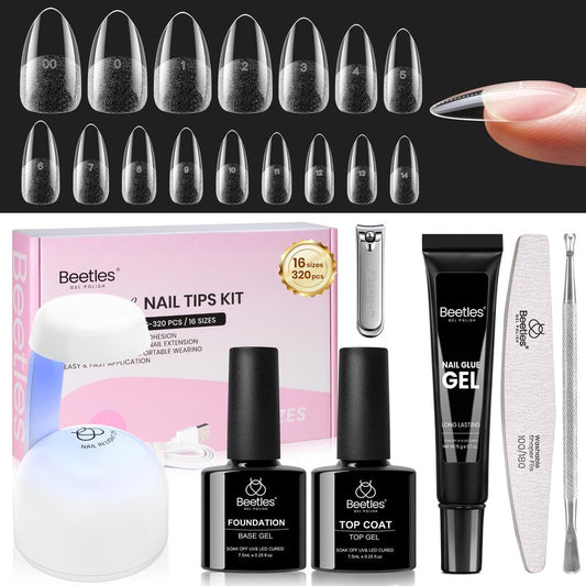 Beetles Gel Nail Kit Curve-EX, Almond Medium, 320pcs 16 Sizes Nail Tips, with 15g Nail Glue Hands-Free, 7.5ml Base Gel & Top Coat, Mini Lamp, for Acrylic Press On Nail, Extension DIY Set at Home