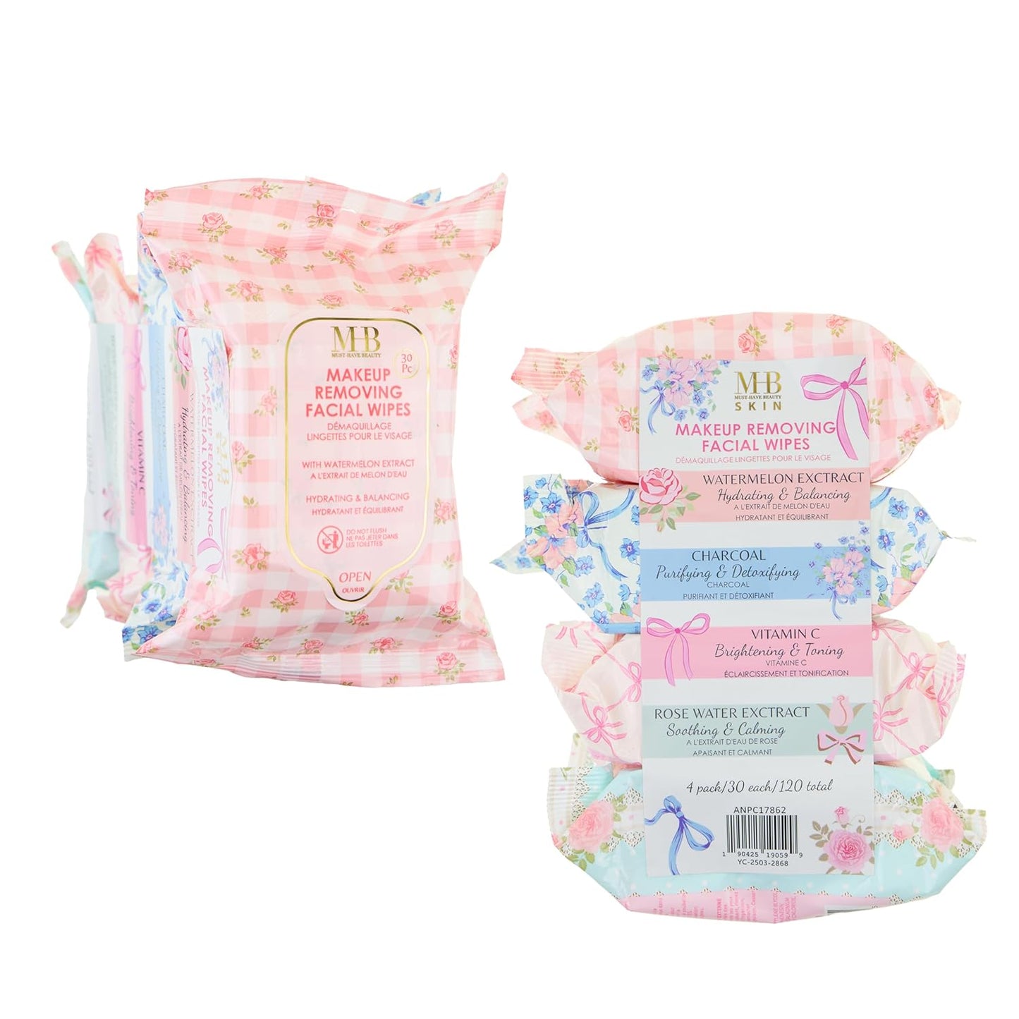 Makeup Removing Facial Wipes - 120pc Variety Pack with Watermelon, Charcoal, Vitamin C & Rose Water | Hydrating & Purifying Towelettes