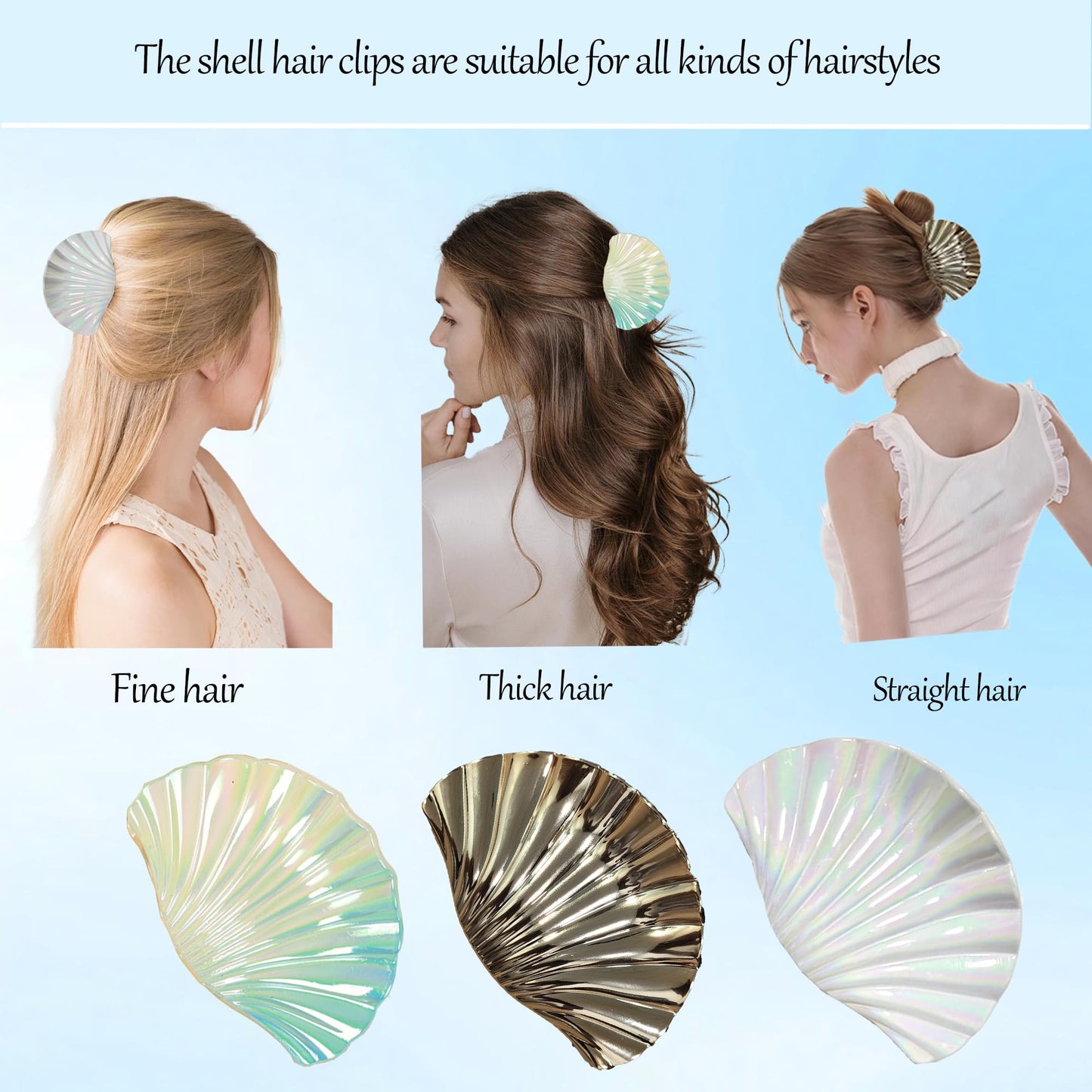 3PCS Seashell Claw Clip for Women 3.74 Inch Gold Shell Claw Clip for Thick/Thin Hair Hawaiian Hair Accessories for Girls, Hawaii Tropical Decor for Summer Beach Vacation (Gold White Blue Gradient)