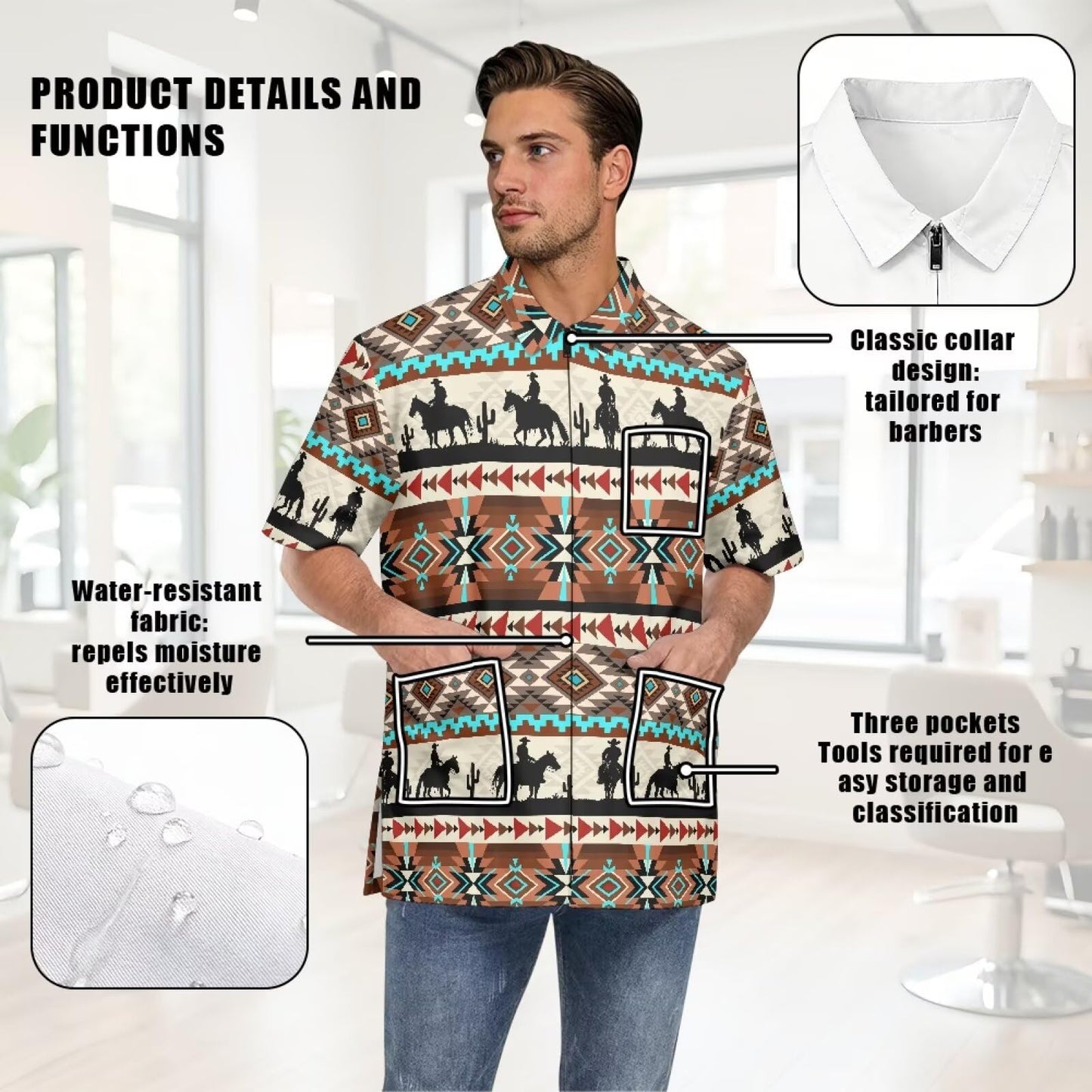 Srengjodk Cool Unisex Waterdrop Cobbler Apron With 3 Pockets And Zipper For Women/Men Haircut Cape Anti-Static Mens Smock For Barber Cowboy Print Dog Grooming Smock L 2XL