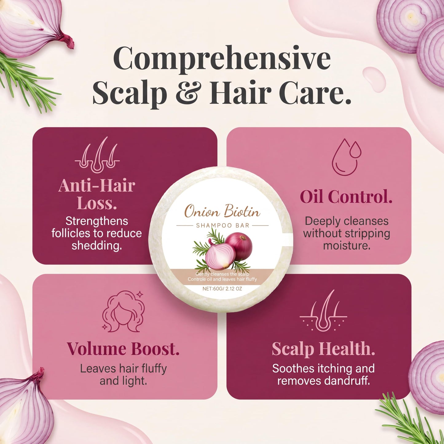 2 Pack Onion Biotin & Rosemary Shampoo Bar for Hair Growth & Anti-Hair Loss, 3-in-1 Hydrating Hair Soap for Thinning Hair, Moisturizing Cleanser Hair Care