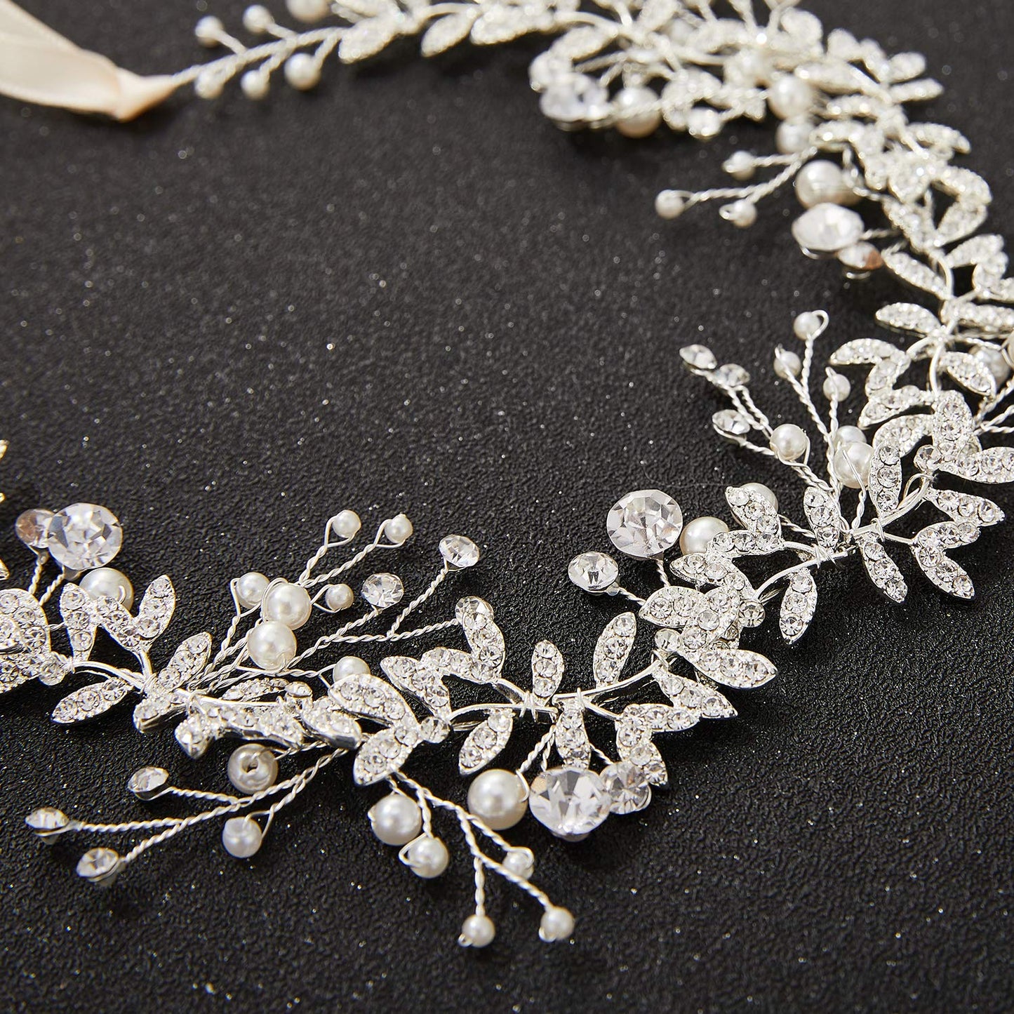 SWEETV Crystal Bridal Headpiece Silver Wedding Headband for Brides Pearl Hair Vine Rhinestone Hair Accessories for Women