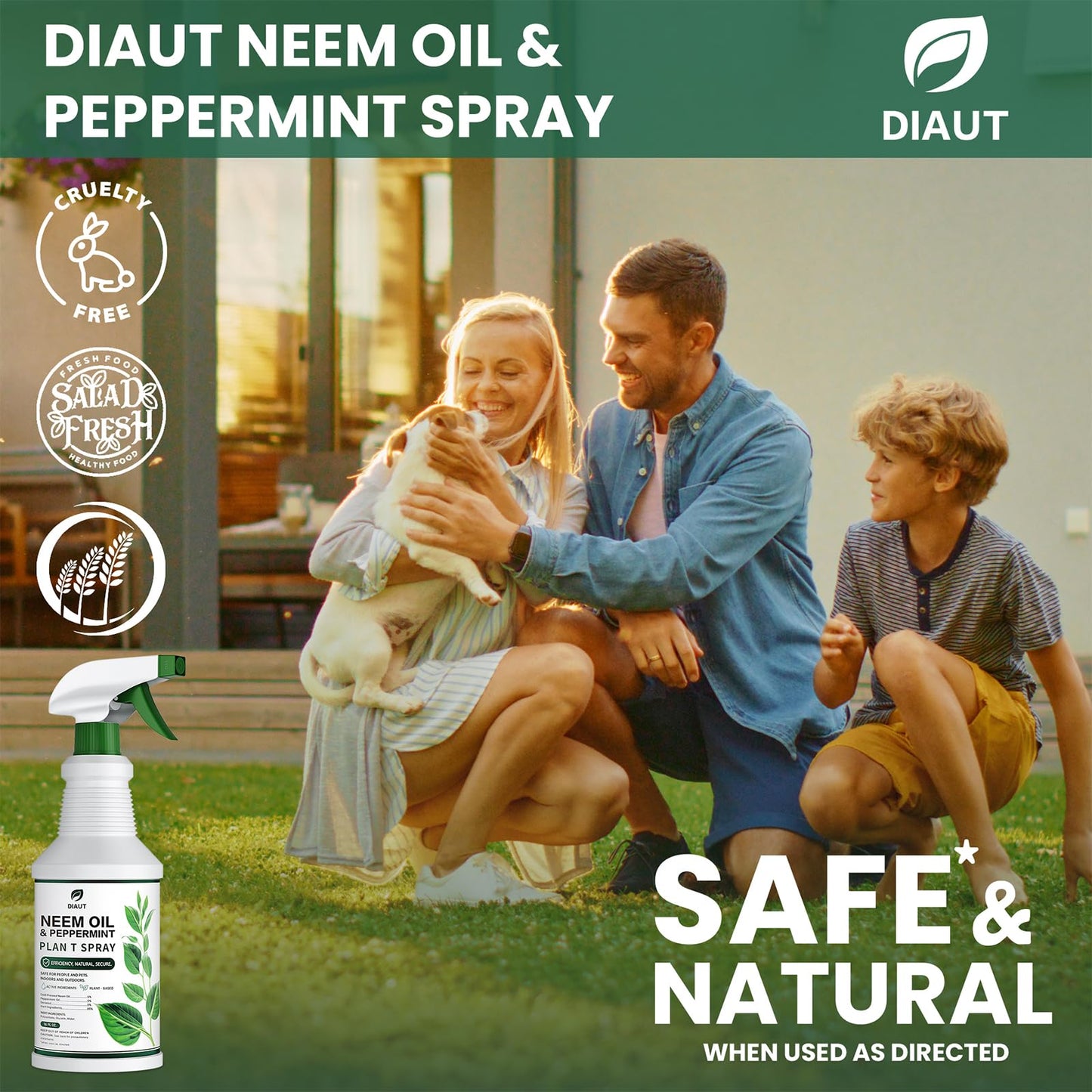 DIAUT Neem Oil Spray for Plants with Peppermint Oil, Easy Ready to Use Natural Plant Wash and Foliage Care for Indoor and Outdoor Plants, Gardens, Houseplants & Vegetables, 16 oz