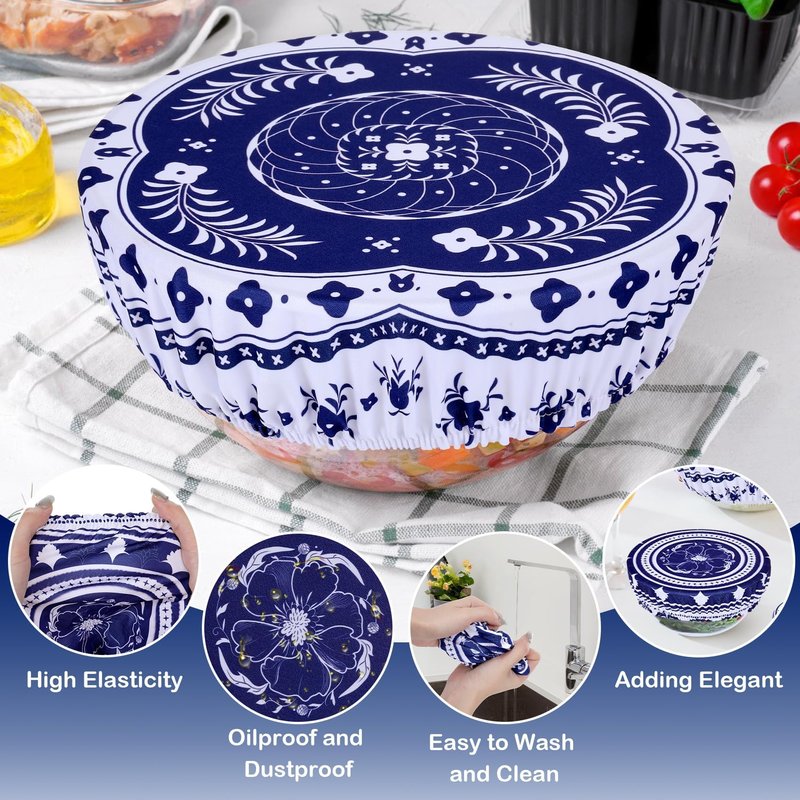 Revahope 5 Pieces Bowl Covers Reusable, 5 Multi-Size Elastic Cloth Fabric Bowl Covers for Bread Proofing Stretch Food Covers Washable for Food Fruits Leftover (Blue)