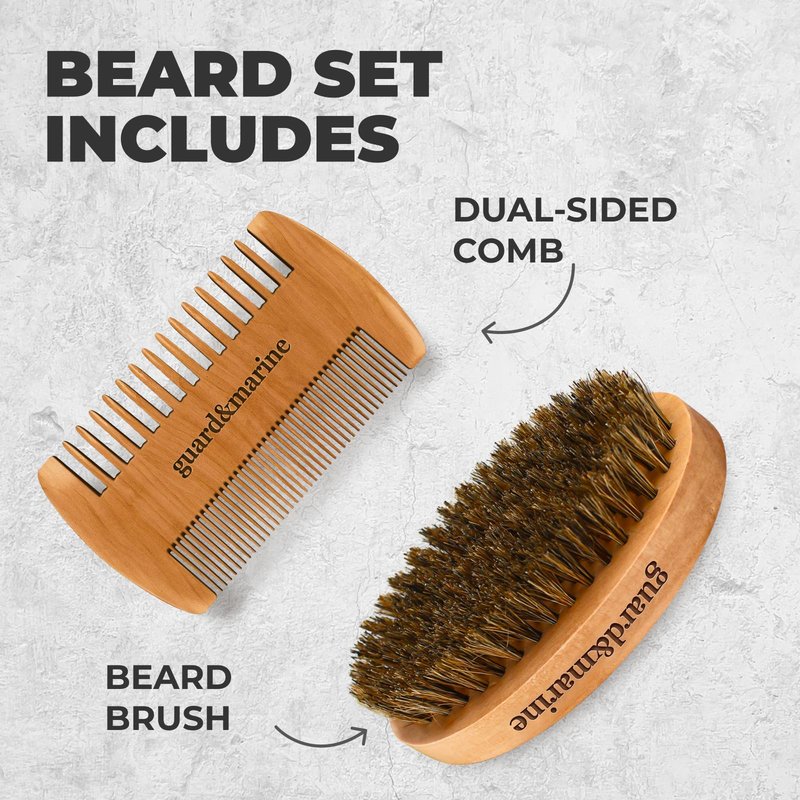 GUARD&MARINE Beard Brush & Comb Set - Natural Boar Bristle Wooden Brush & Beechwood Comb Kit for Men's Beard and Mustache Care and Shaping (Brown)
