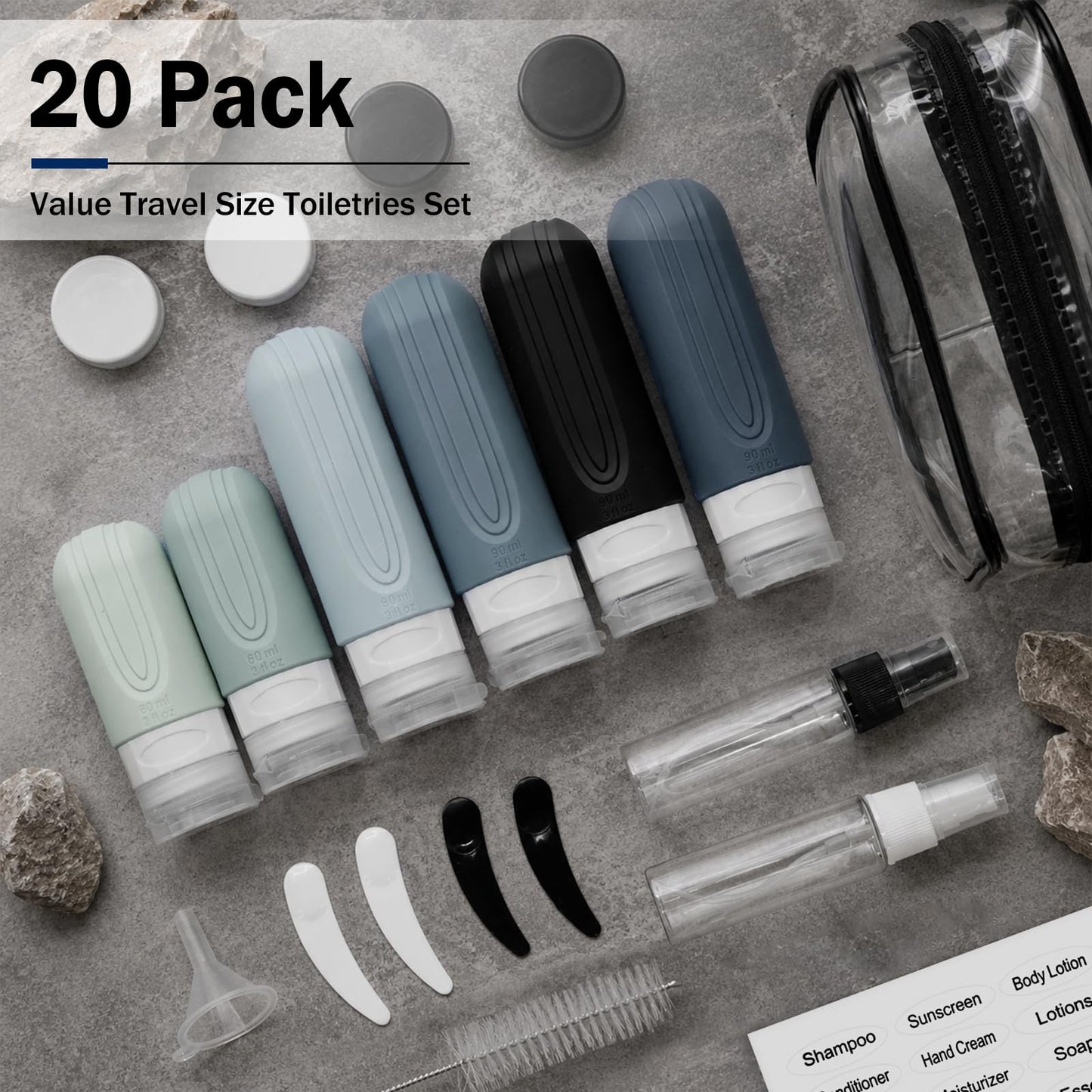 CHEODIN 20 Pack Travel Bottles for Toiletries, TSA Approved Travel Size Containers, Leakproof Silicone Bottles and Shampoo Conditioner, Women Men Essential Toiletry Accessories.