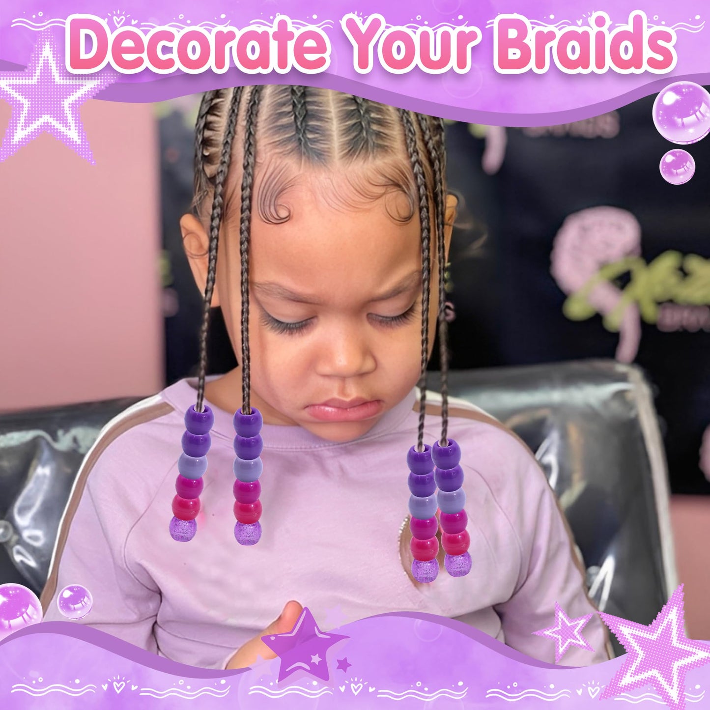 NAISKA 60PCS Purple Beads for Hair Clear Sparkle Braid Bead 5 Colors Gradient Dreadlock Beads Large Hole Bead Braids Accessories for Kids Girls