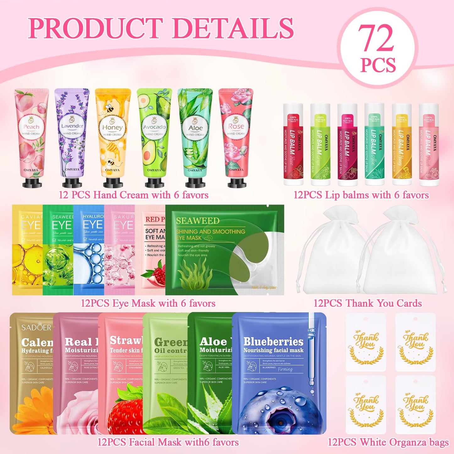 72 Pcs Bulk Gifts For Women, Bulk Facial Mask, Lip Balms, Hand Creams & Under Eye Patches, Spa Party Supplies,Party Favors For Bridal Wedding, Baby Shower,Sleepover Party, Christmas Stocking Stuffers