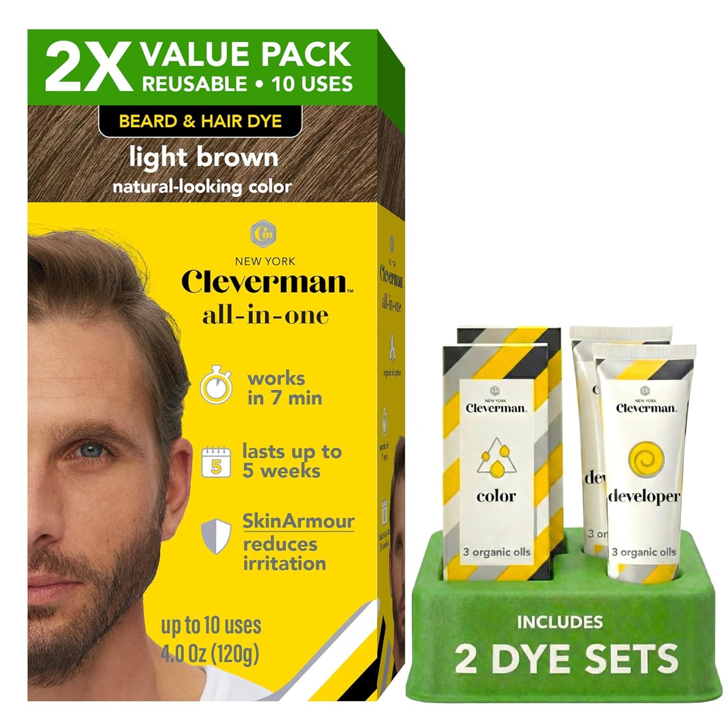 Reusable Hair & Beard Dye for Men - Medium Brown | Natural Gray Coverage, No-Drip Cream, Up to 5 Uses
