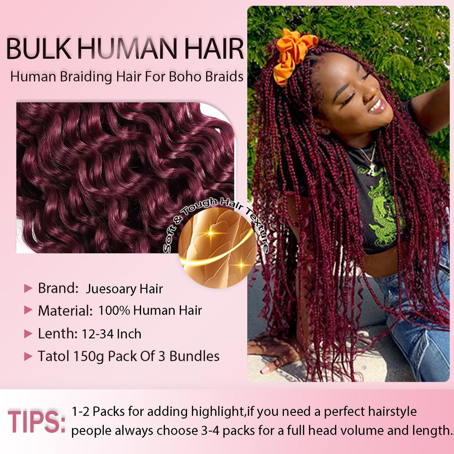 #99J Burgundy Human Braiding Hair for Boho Braids 150g 3 Bundles 24 24 24 Inch Wine Red Deep Wave Bulk Hair #99J Curly Human Hair Extensions for Braids Wet and Wavy Braid