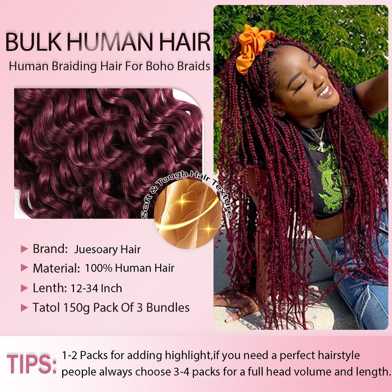 #99J Burgundy Human Braiding Hair for Boho Braids 150g 3 Bundles 16 16 16 Inch Wine Red Deep Wave Bulk Hair #99J Curly Human Hair Extensions for Braids Wet and Wavy Braid