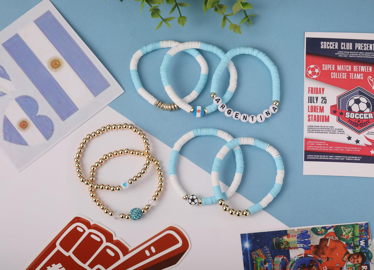 Poasrelax 2026 World Soccer Game day Cup Argentina Fan Bracelet Set 7-Pack Elastic Stretch Beaded Bracelets Handmade Soccer Support Wristbands with Flag Trophy Alphabet Beads for Women Fans (agentin)