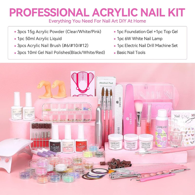 SAVILAND Acrylic Nail Kit for Beginners - Complete Set with Gel Polish, Nail Drill & UV Light | Home Salon Essentials